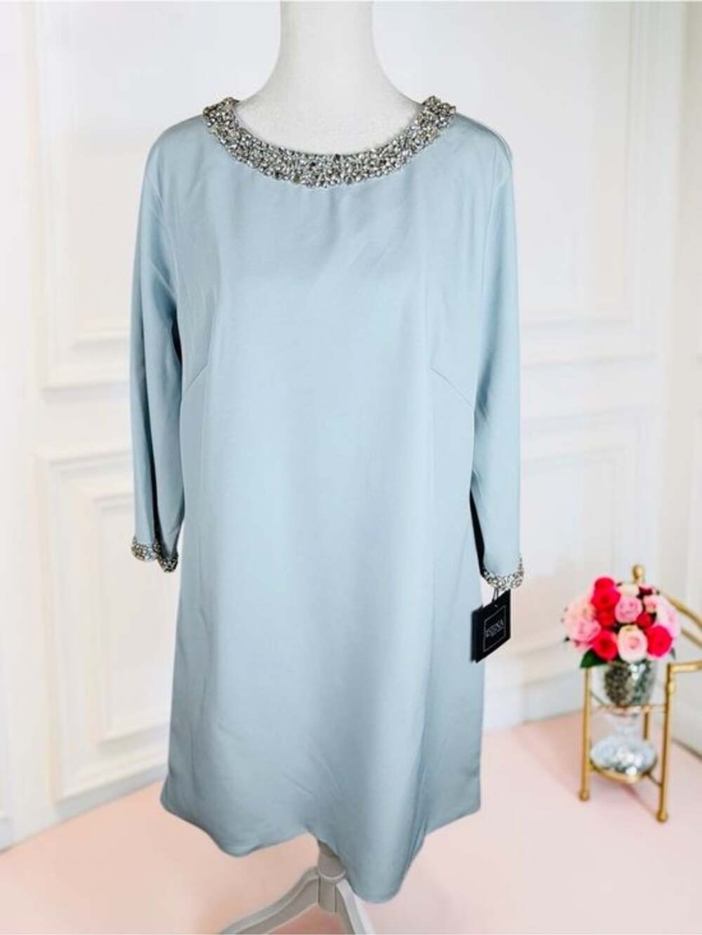 NWT Ieena Mac Duggal Sea Blue Crystal A-Line Embellished Cocktail Dress L